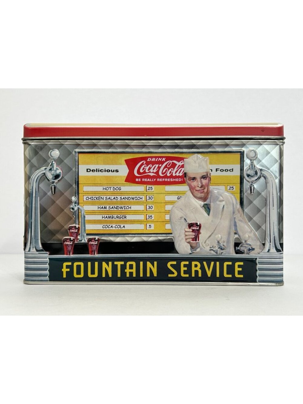 Vintage Coca-Cola Retro Soda Fountain Service Tin Container 2002 Kitchen Decor